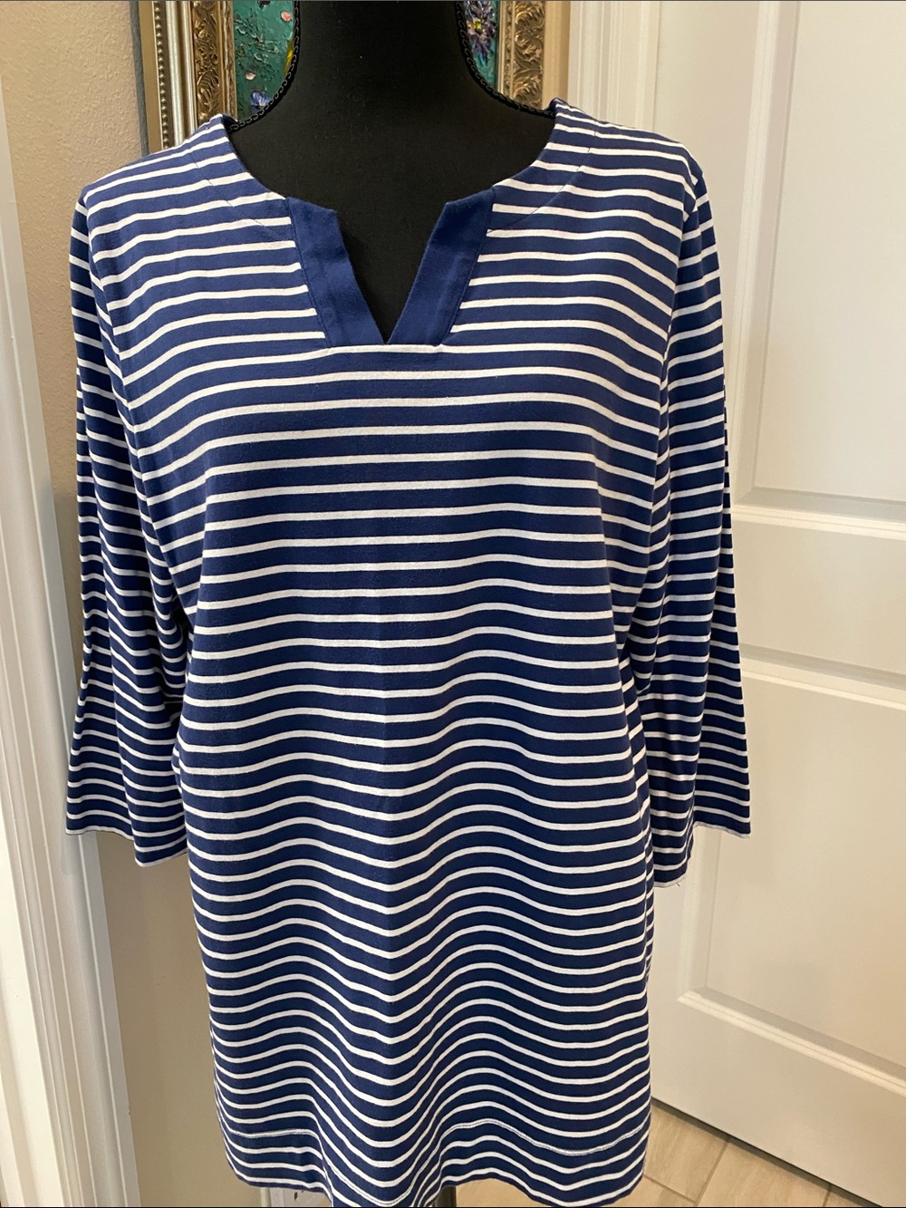 croft & barrow Navy and White Striped Scoop Neck Top